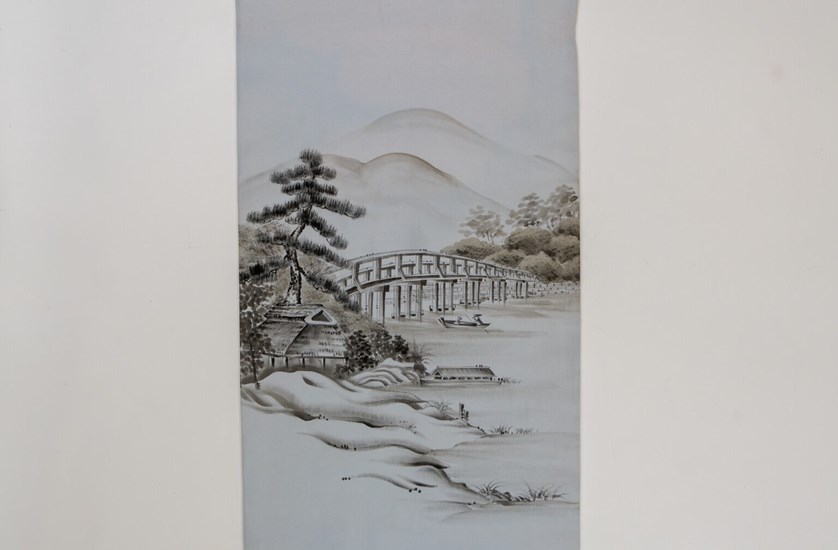 Japanese Ceremonial Silk Wall Tapestry – The Hashi-Suiboku, Bridge and Pine in Ink on Mist Blue-Grey